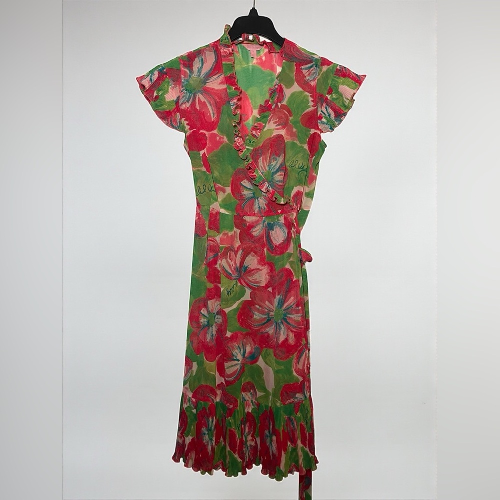 Lilly Pulitzer floral wrap dress 10 Pink green ruffle resort - Picture 2 of 5